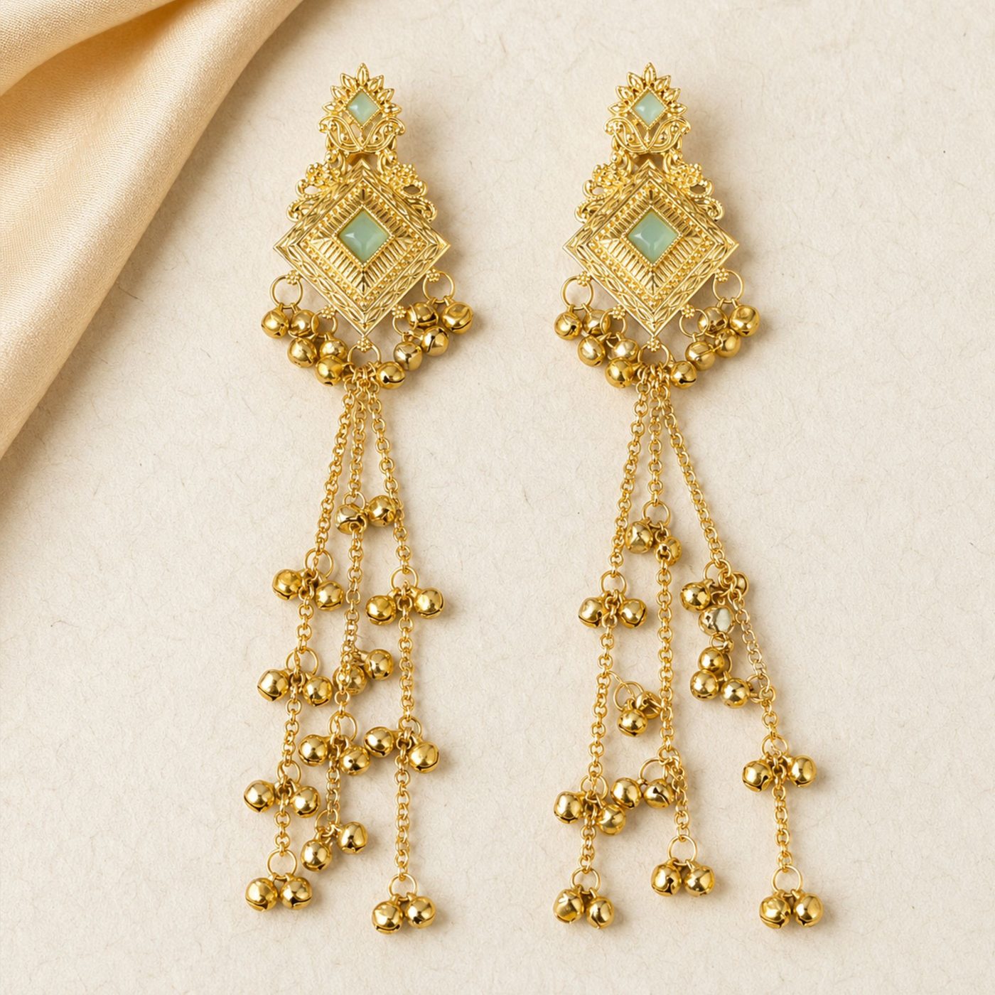 Long Mint Gold Tassel Earrings