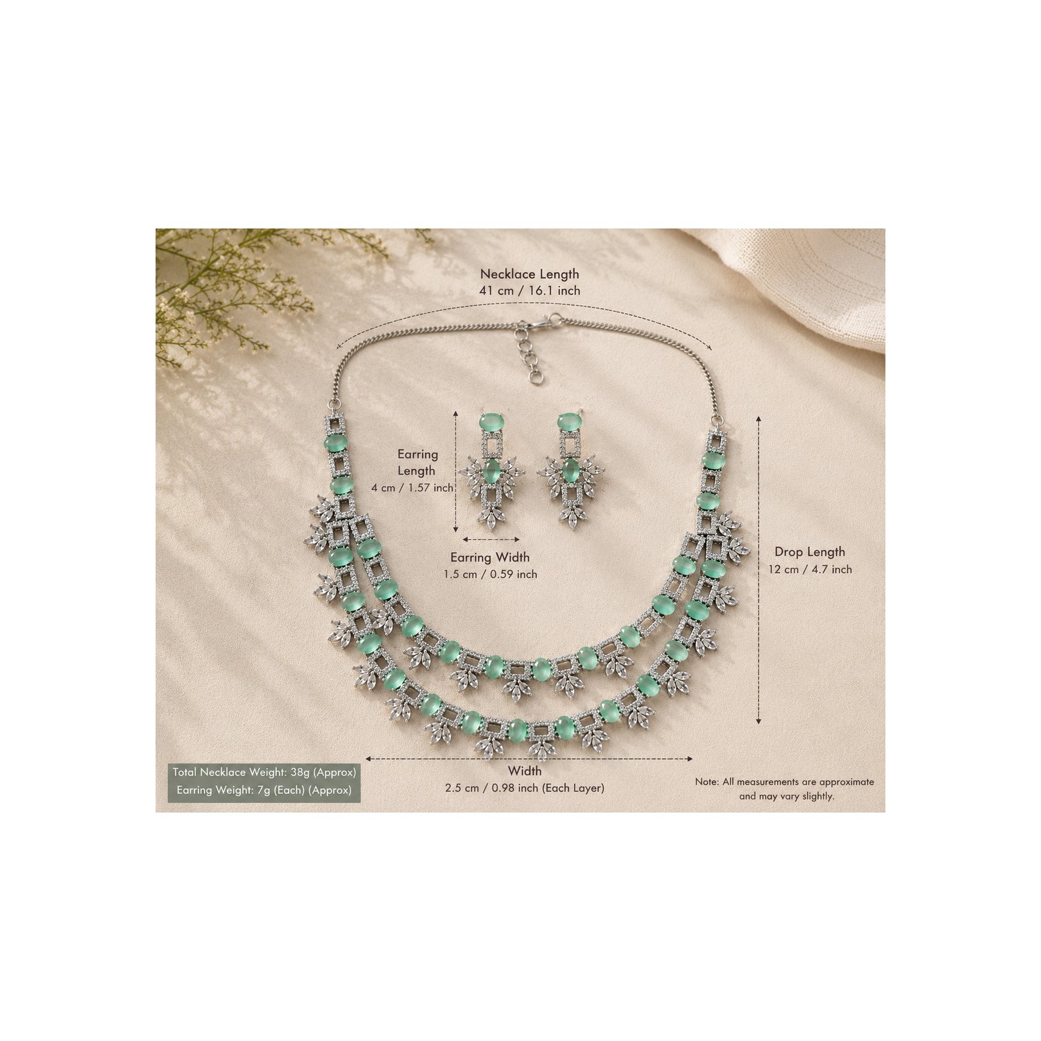 Mint Green Crystal Necklace Set — Measurements