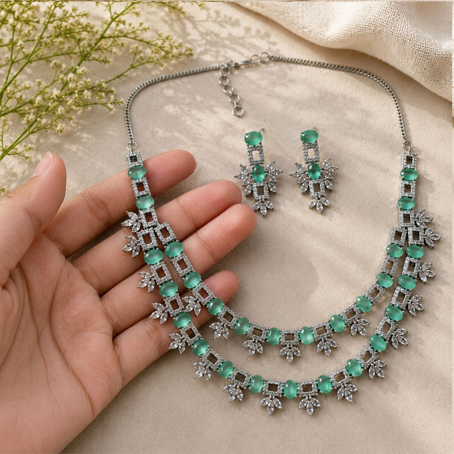 Mint Green Crystal Necklace Set — Silver-tone view