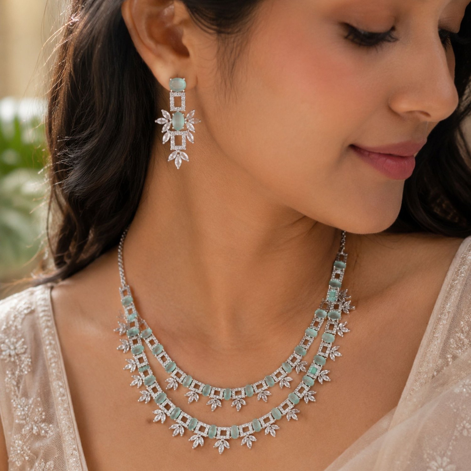 Mint Green Crystal Necklace Set — Alternate view