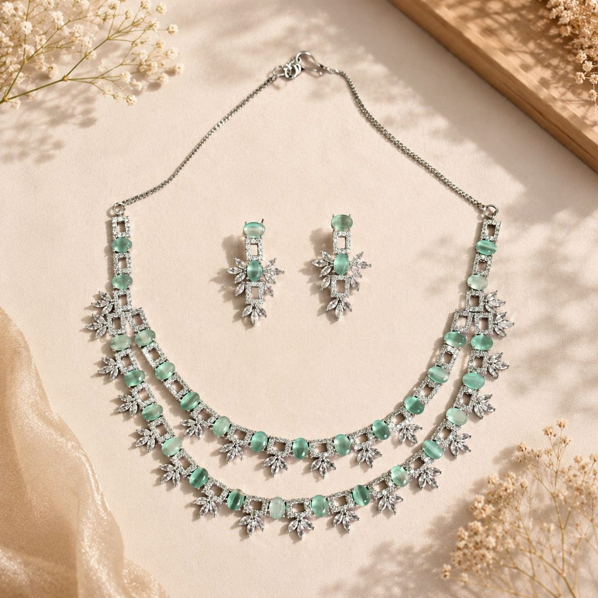 Mint green crystal necklace and earring set