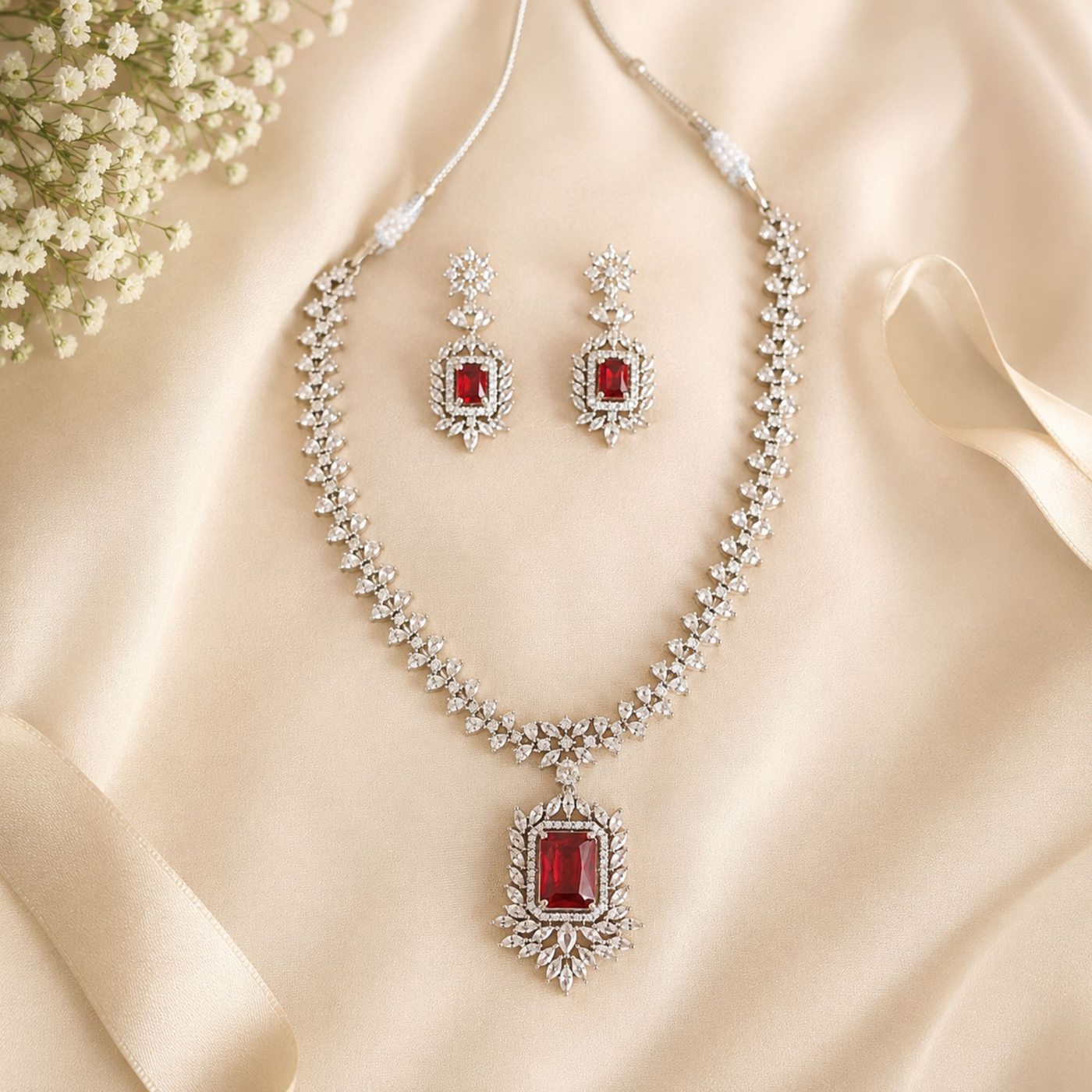 Ruby CZ Necklace & Earring Set